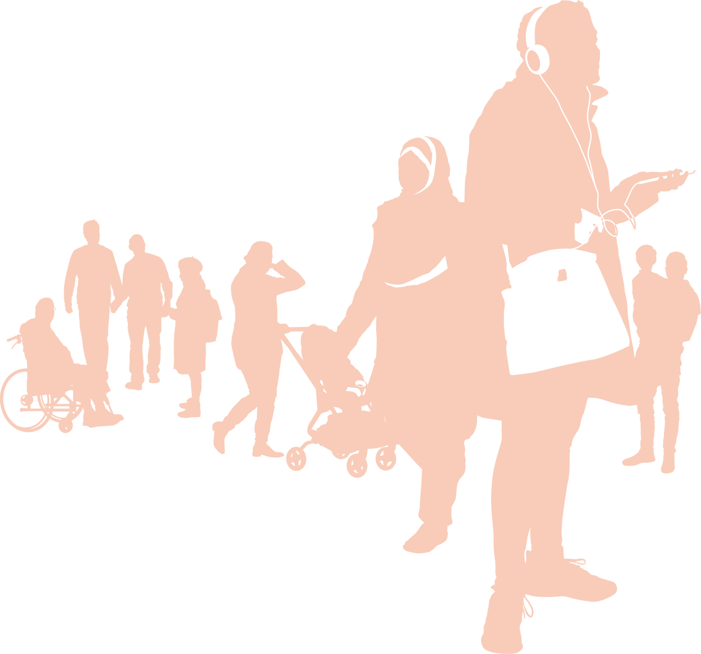A silhouette of a diverse group of people.